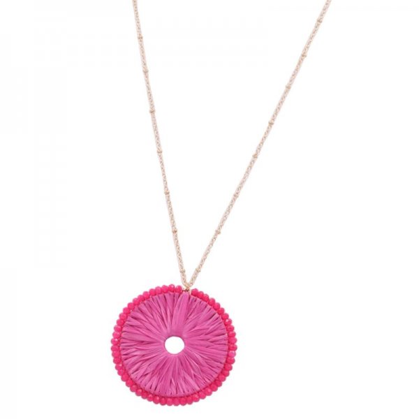 Raffia Circle Disc Pendant Long Necklace